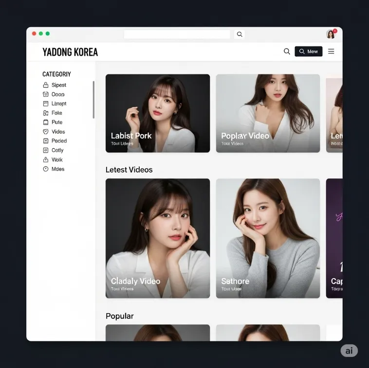 야동코리아의 메인 페이지, 깔끔한 UI와 직관적인 카테고리 메뉴가 돋보임