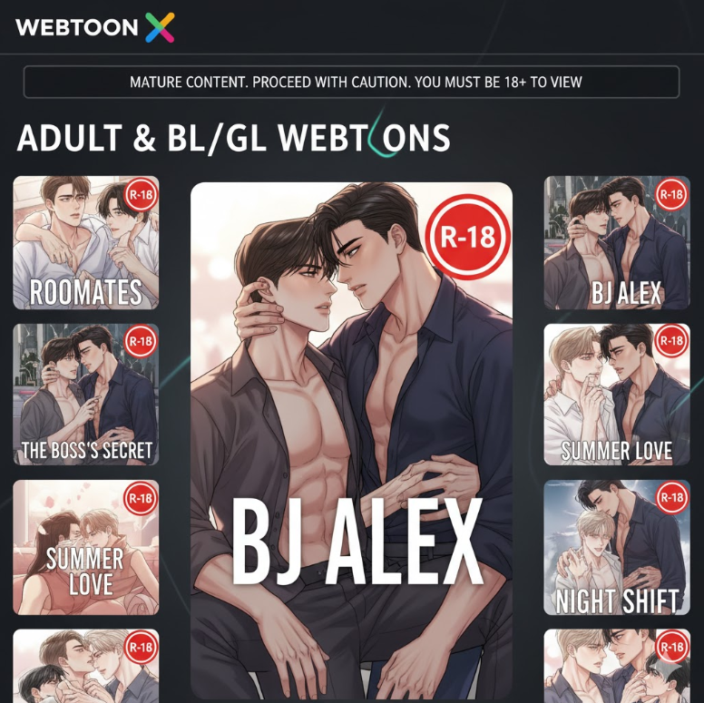 성인 웹툰과 BL/GL 웹툰 카테고리 페이지 이미지. 성인 웹툰과 BL/GL 웹툰 카테고리 페이지 이미지.