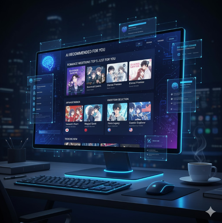 AI 추천 기능을 보여주는 웹툰 링크모음 사이트 이미지. AI 추천 기능을 보여주는 웹툰 링크모음 사이트 이미지.